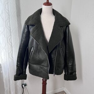 NWT Vigoss Women's Large Faux Leather Moto Jacket Black Brown Sherpa Zip Biker